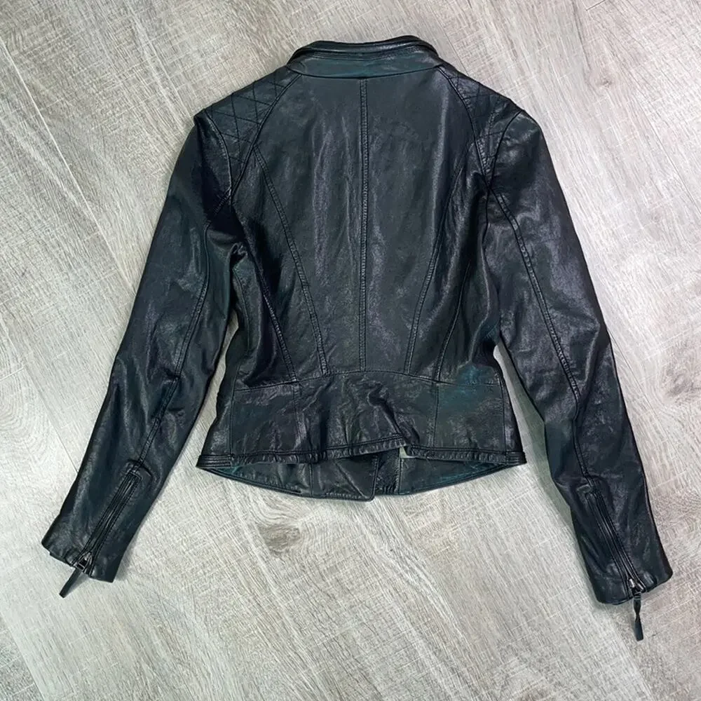 IZZAT BABA NEW YORK Women's Black Cross Zip Front Leather Jacket